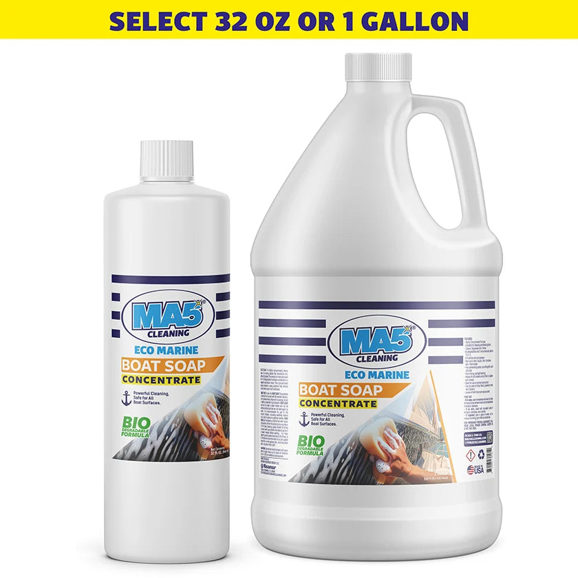 MA5X Boat Soap marine wash concentrate in 32 oz bottle and 1 gallon container